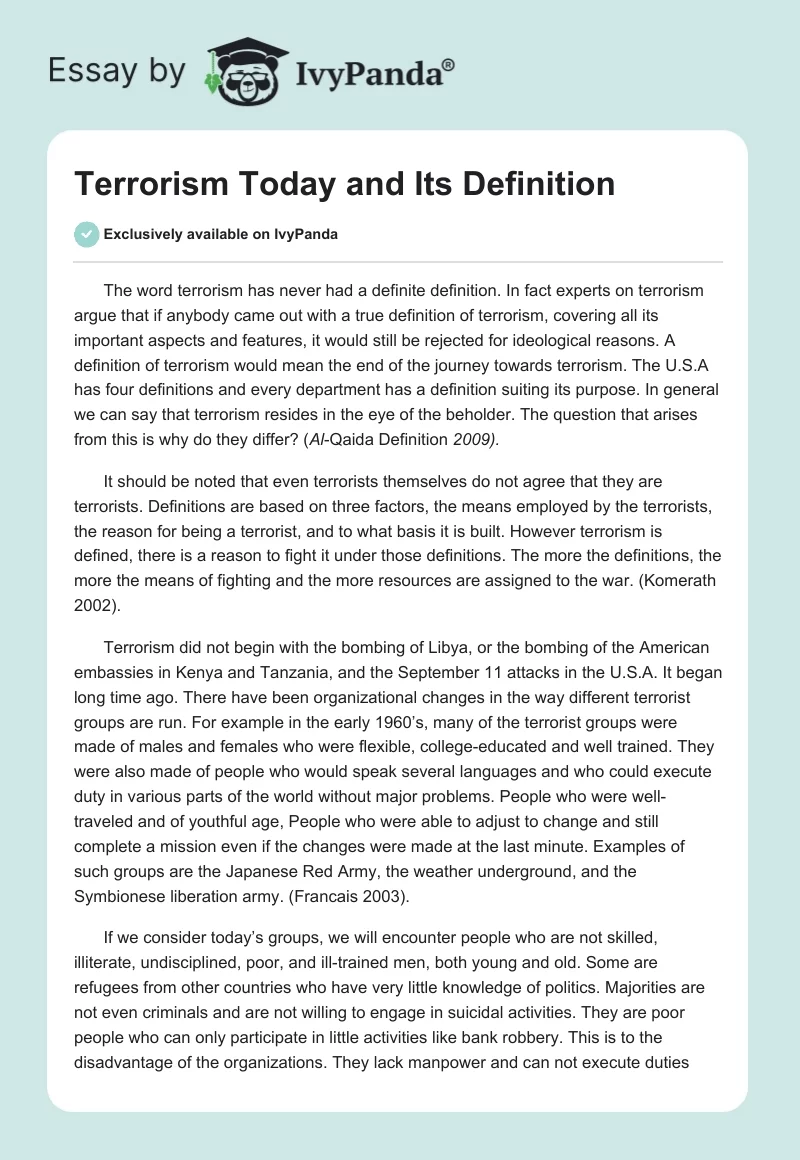 Terrorism Today and Its Definition. Page 1