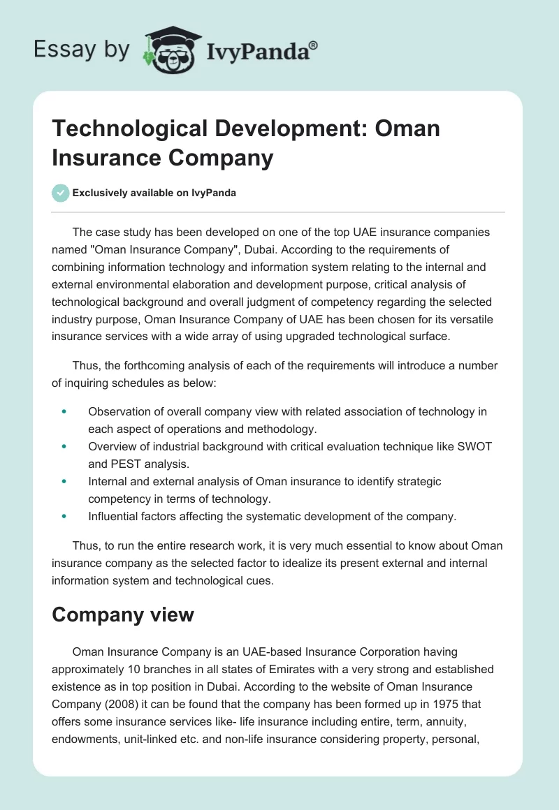 Technological Development: Oman Insurance Company. Page 1