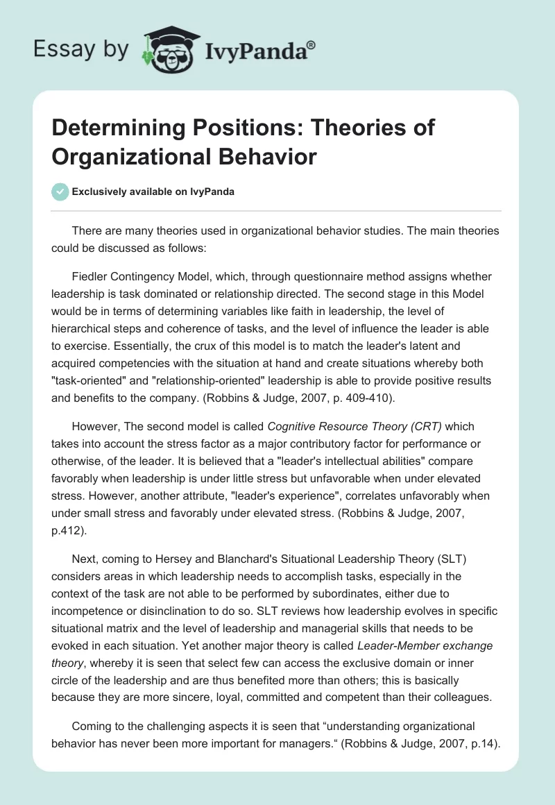 Determining Positions: Theories of Organizational Behavior. Page 1