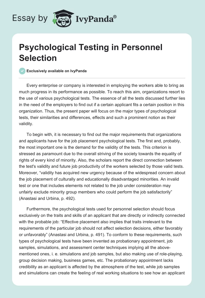 Psychological Testing in Personnel Selection. Page 1