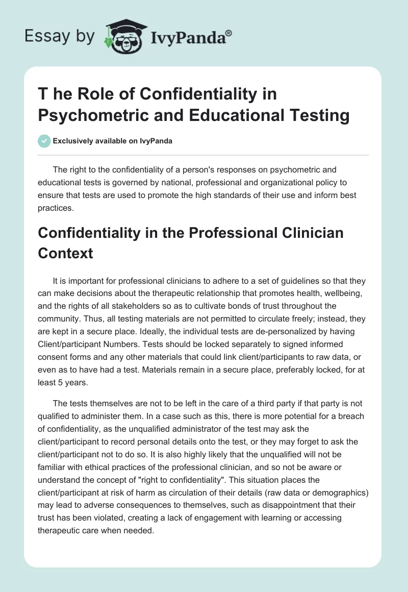 T he Role of Confidentiality in Psychometric and Educational Testing. Page 1