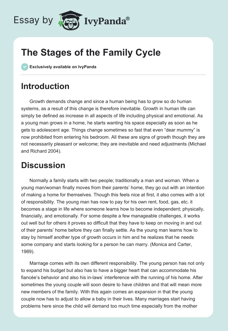 The Stages of the Family Cycle. Page 1