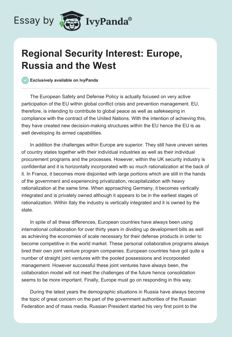 Regional Security Interest: Europe, Russia and the West. Page 1