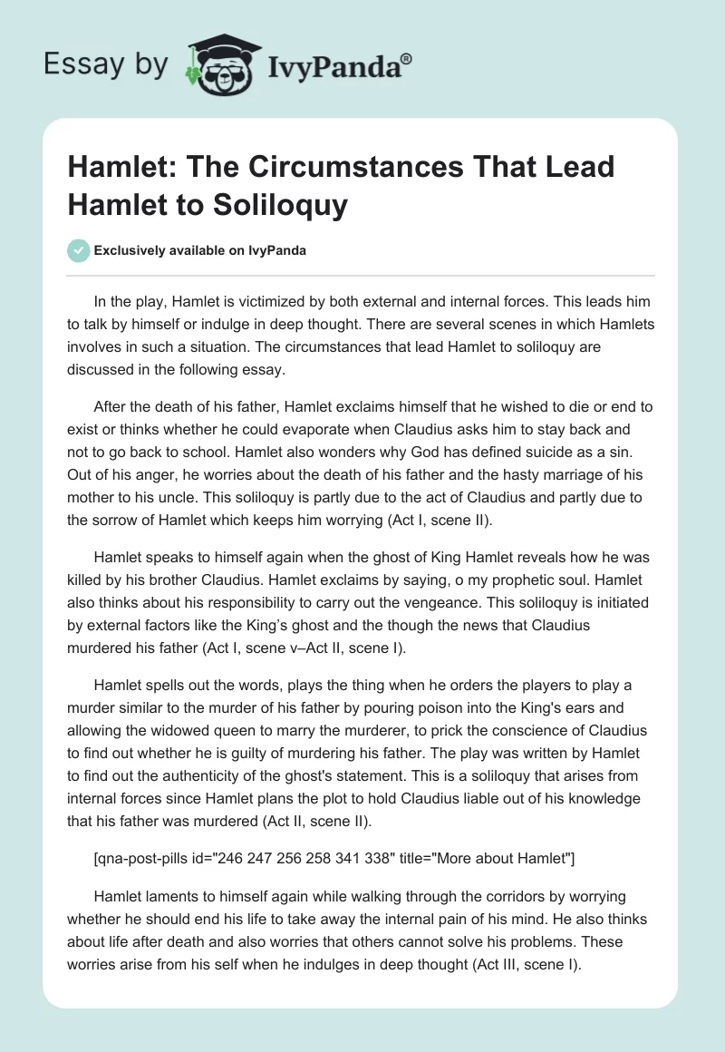 Hamlet: The Circumstances That Lead Hamlet to Soliloquy. Page 1