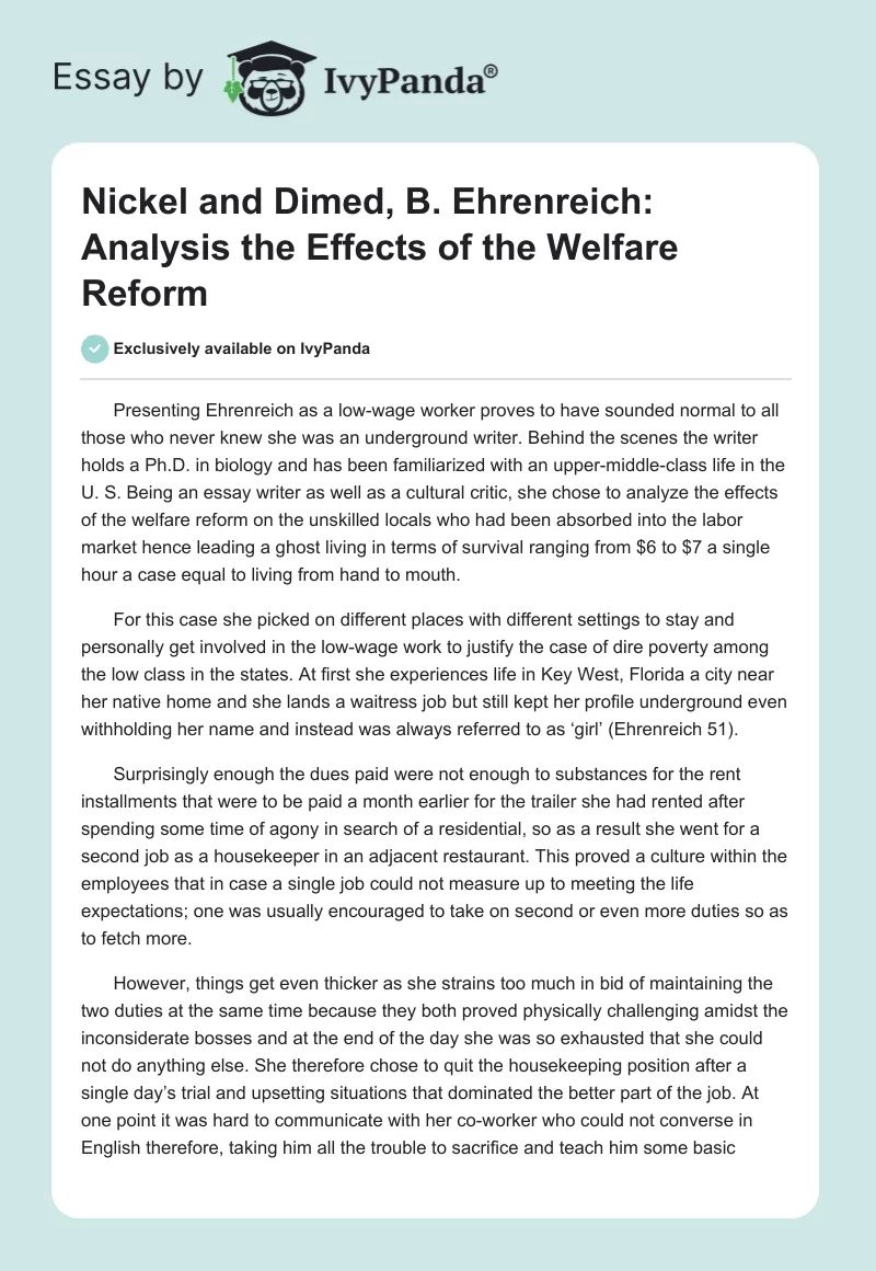 Nickel and Dimed, B. Ehrenreich: Analysis the Effects of the Welfare Reform. Page 1