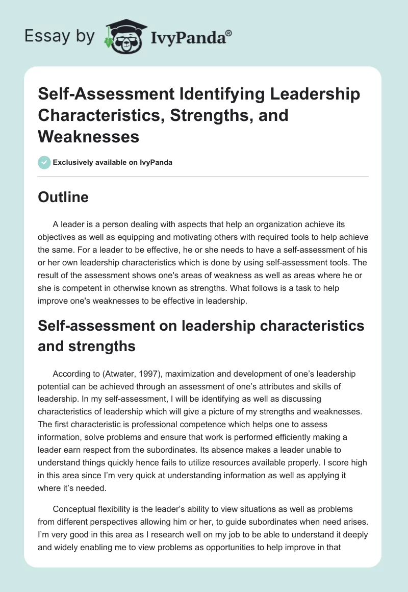 Self-Assessment Identifying Leadership Characteristics, Strengths, and Weaknesses. Page 1