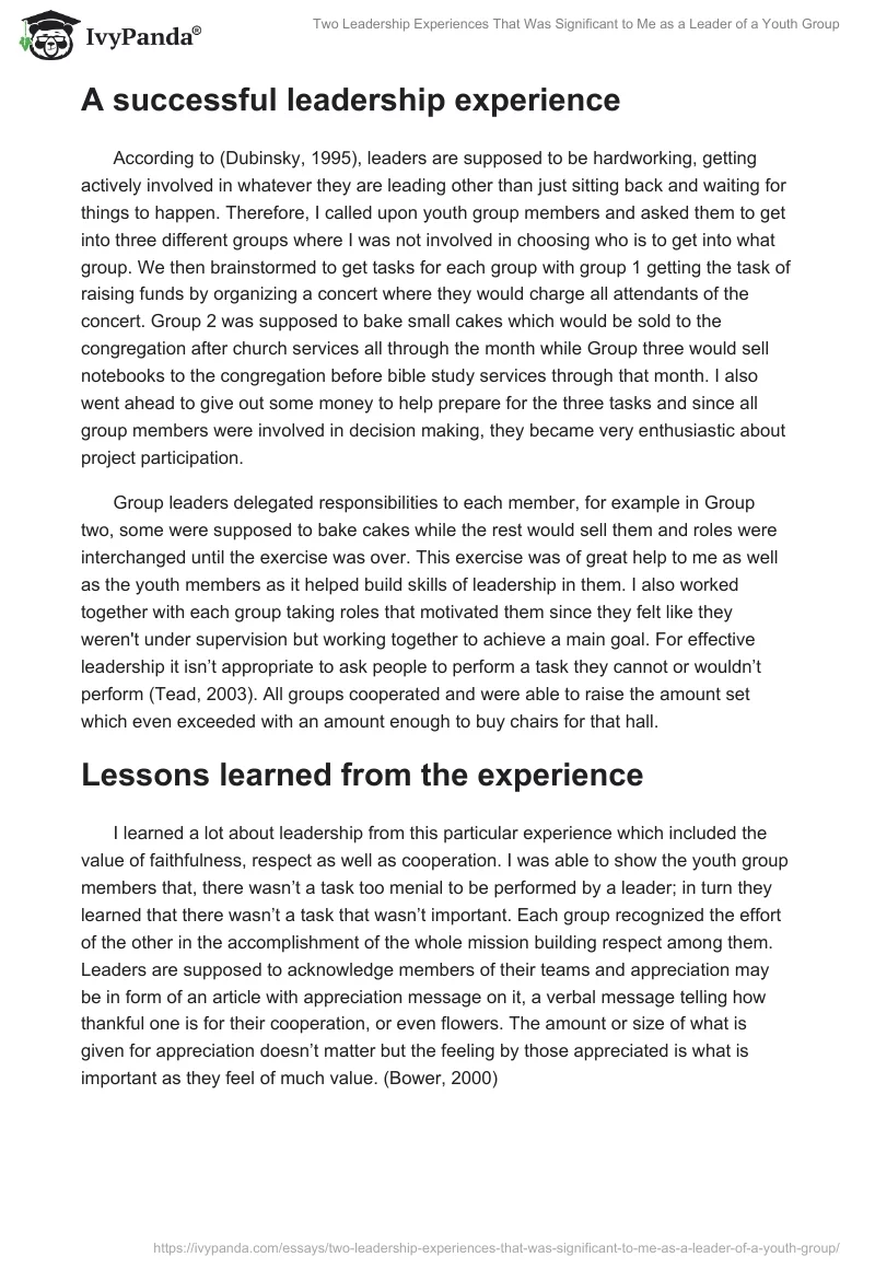 Two Leadership Experiences That Was Significant to Me as a Leader of a Youth Group. Page 2