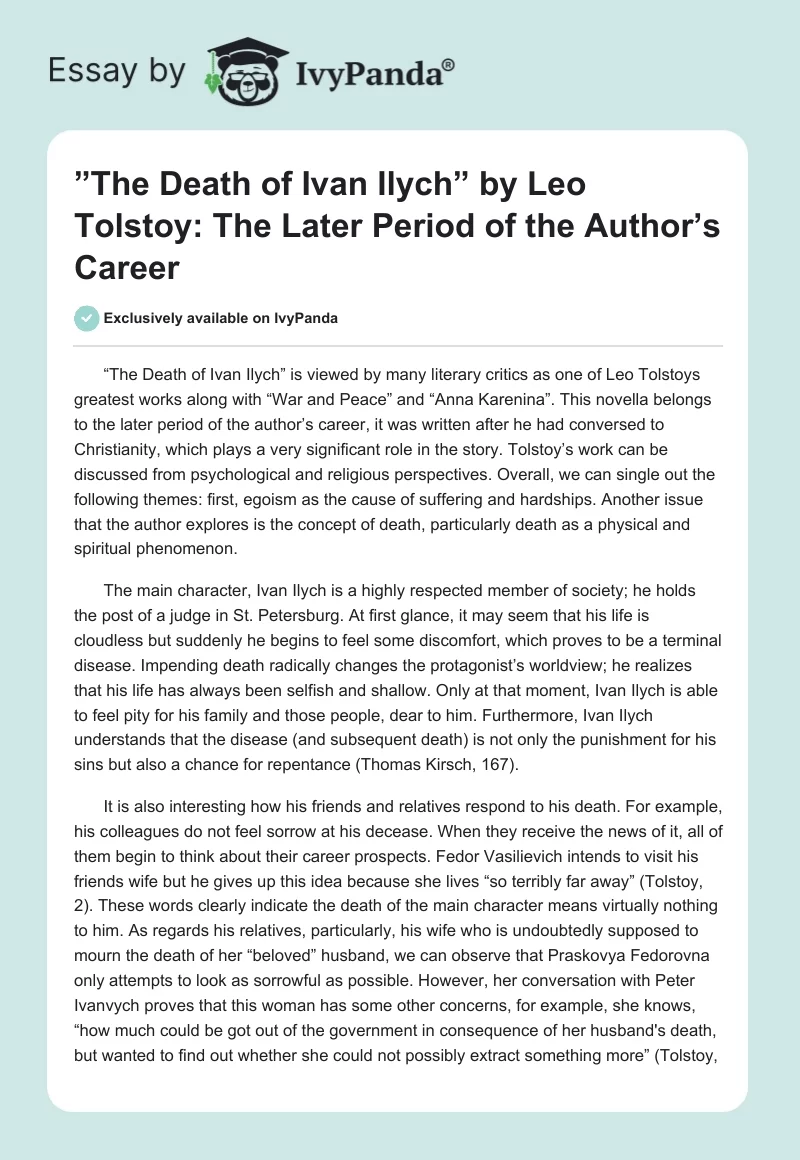 ”The Death of Ivan Ilych” by Leo Tolstoy: The Later Period of the Author’s Career. Page 1