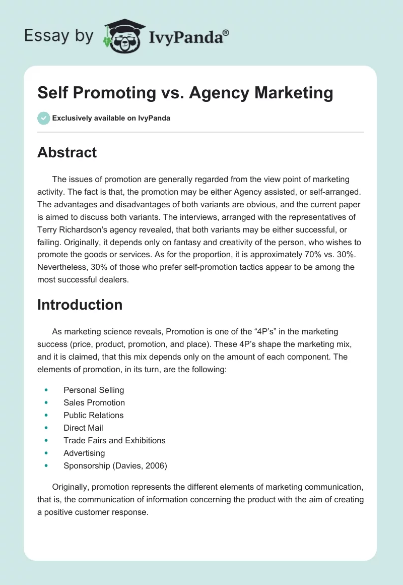 Self Promoting vs. Agency Marketing. Page 1