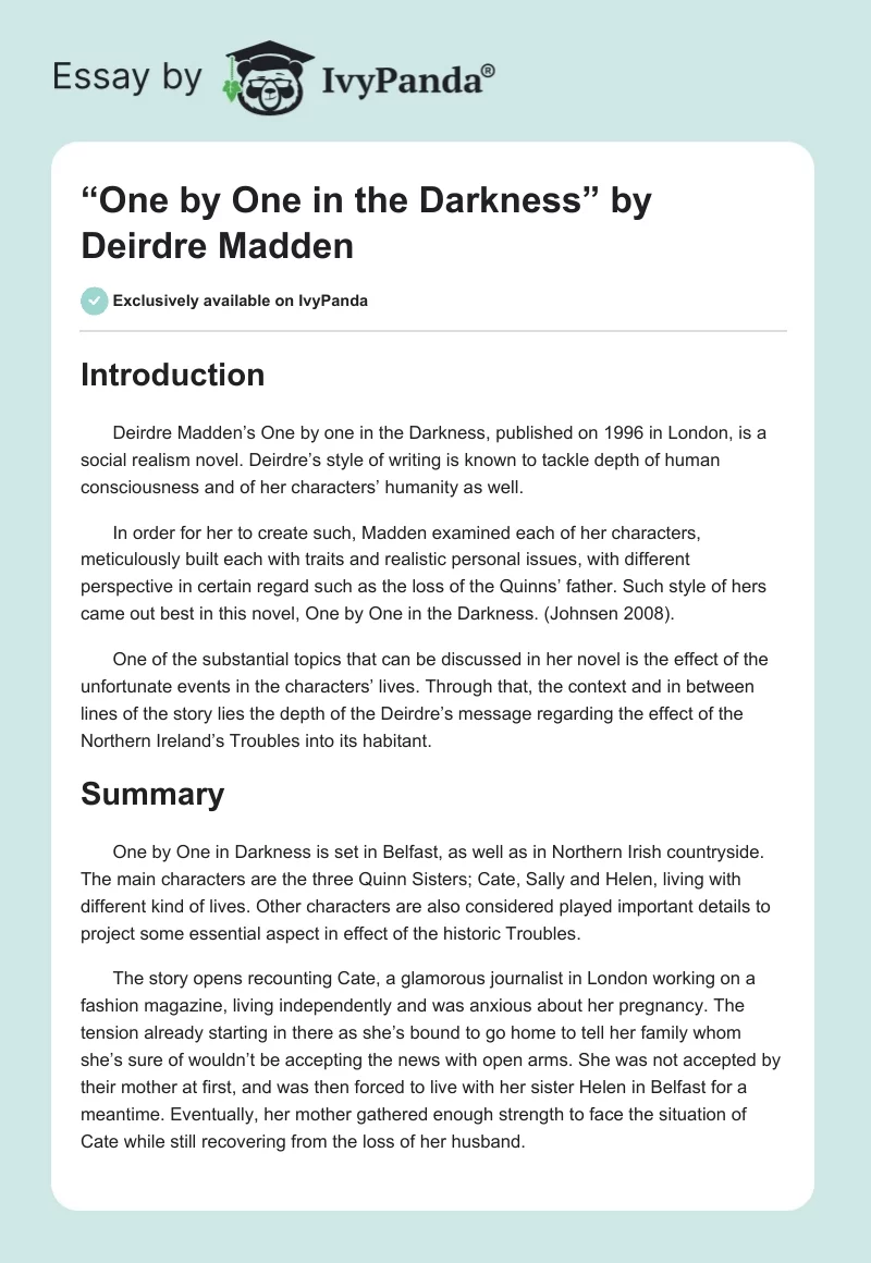 “One by One in the Darkness” by Deirdre Madden. Page 1