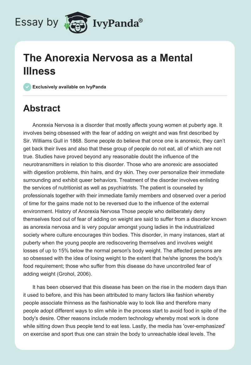The Anorexia Nervosa as a Mental Illness. Page 1