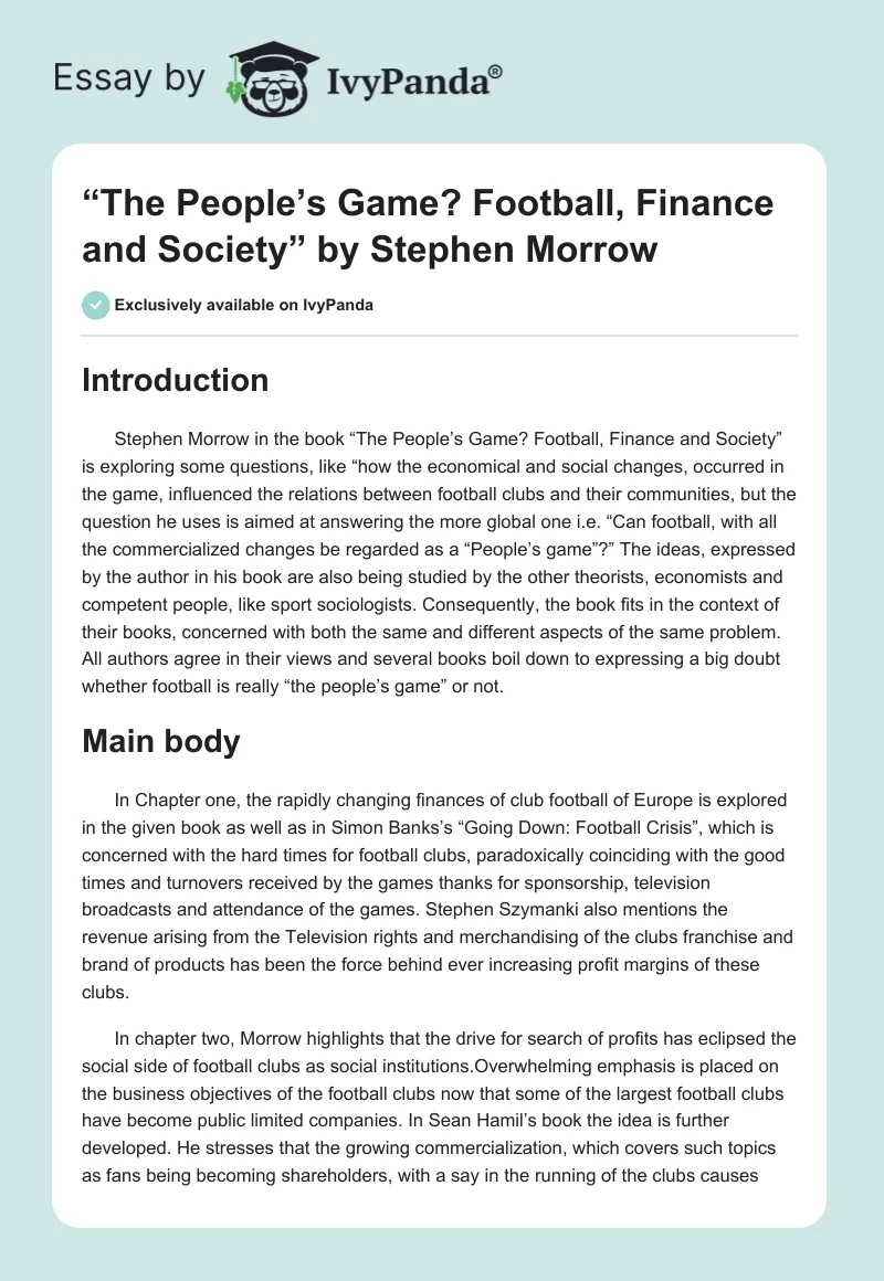 “The People’s Game? Football, Finance and Society” by Stephen Morrow. Page 1