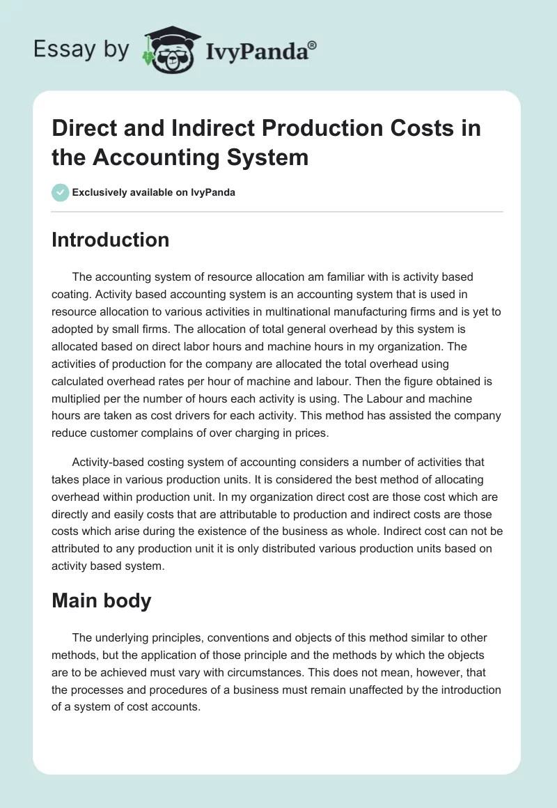 Direct and Indirect Production Costs in the Accounting System. Page 1