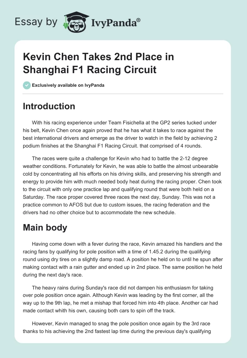 Kevin Chen Takes 2nd Place in Shanghai F1 Racing Circuit. Page 1