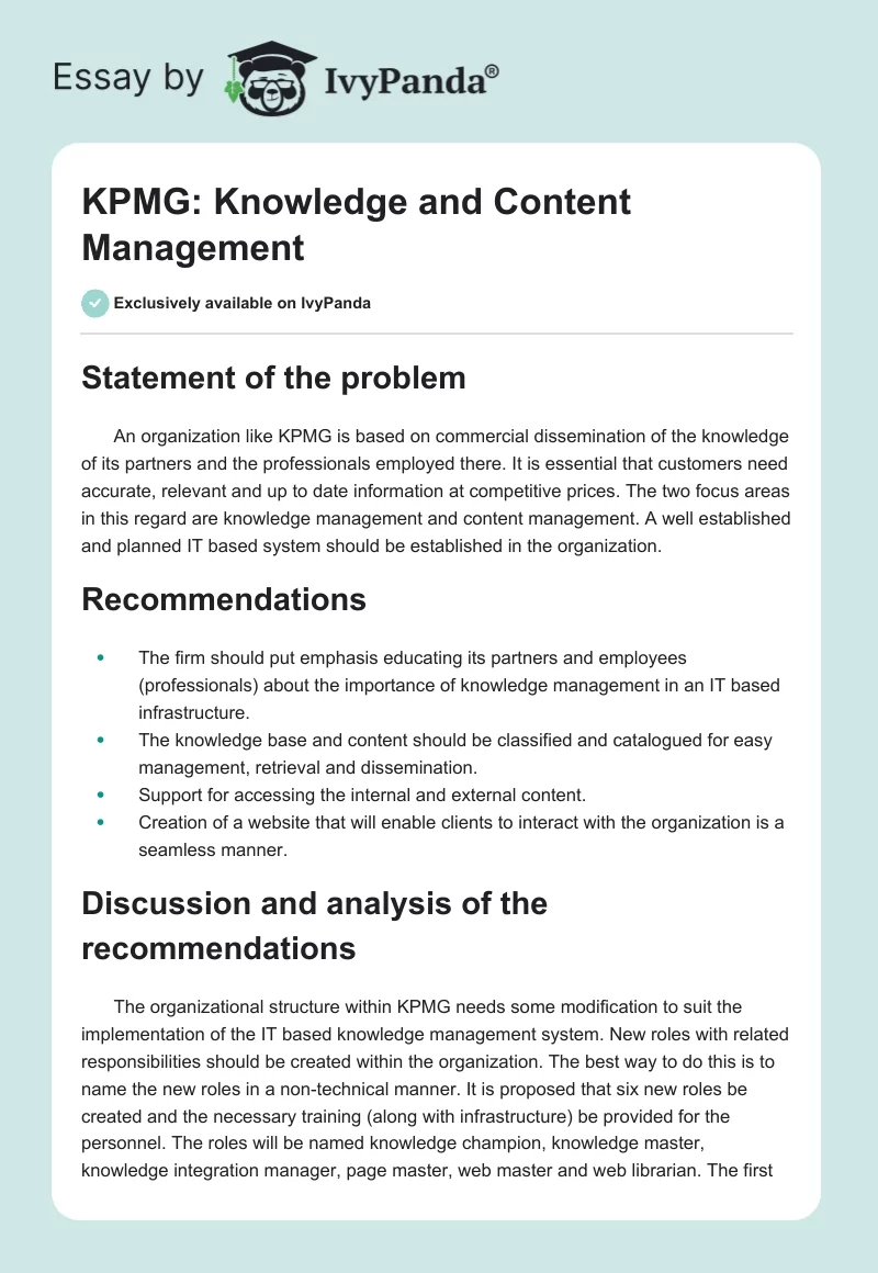 KPMG: Knowledge and Content Management. Page 1