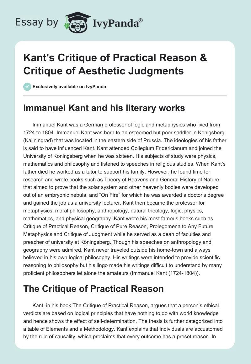 Kant's Critique of Practical Reason & Critique of Aesthetic Judgments. Page 1