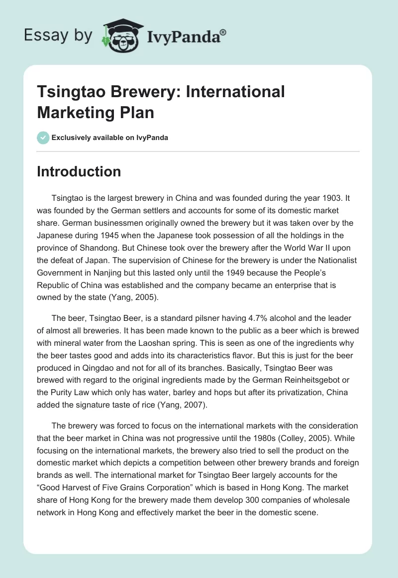 Tsingtao Brewery: International Marketing Plan. Page 1