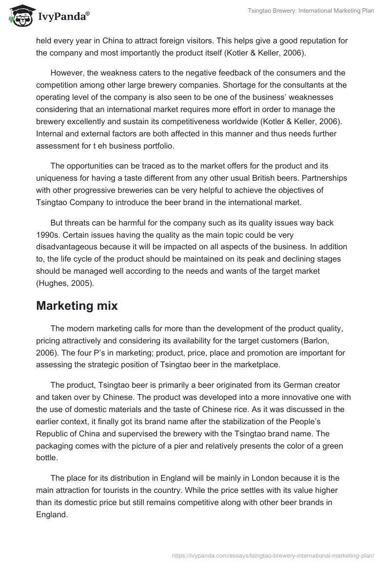 Tsingtao Brewery: International Marketing Plan. Page 4