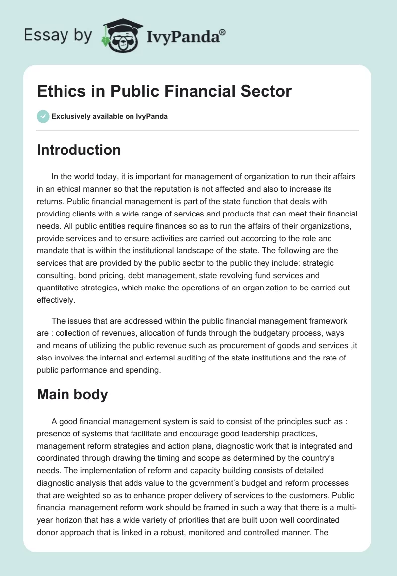 Ethics in Public Financial Sector. Page 1