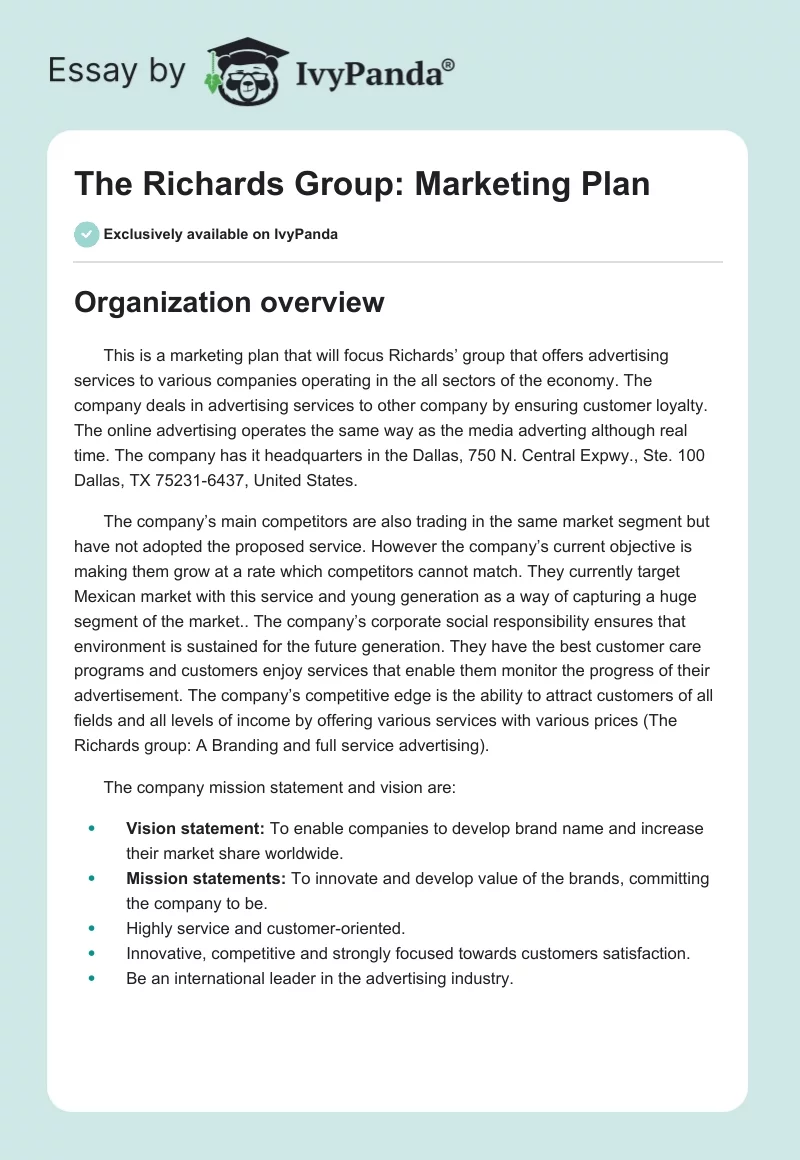 The Richards Group: Marketing Plan. Page 1