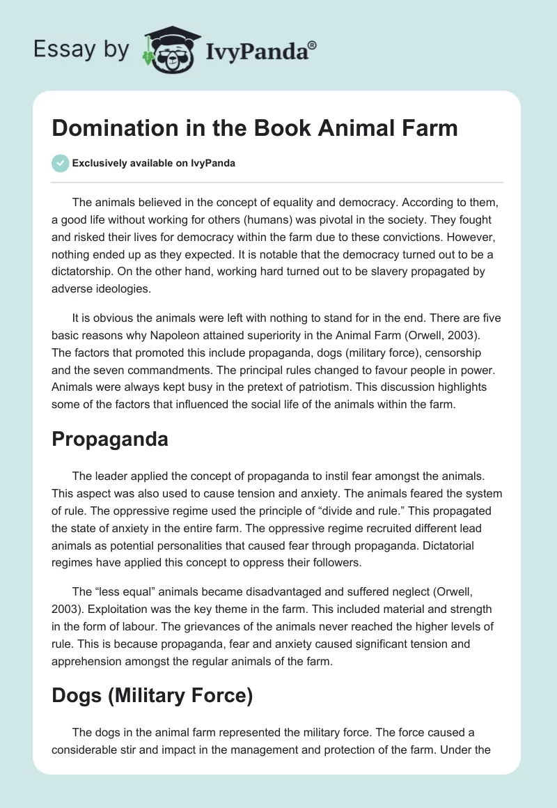 Domination in the Book "Animal Farm". Page 1