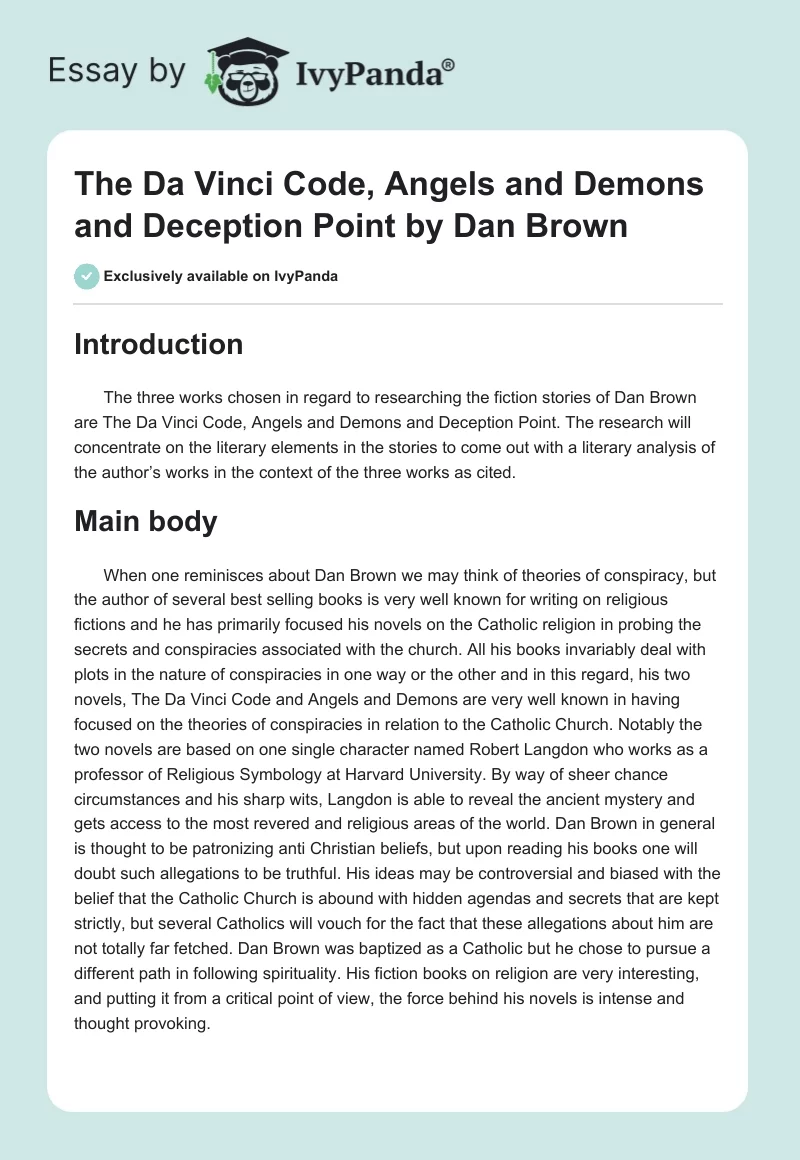 "The Da Vinci Code", "Angels and Demons" and "Deception Point" by Dan Brown. Page 1