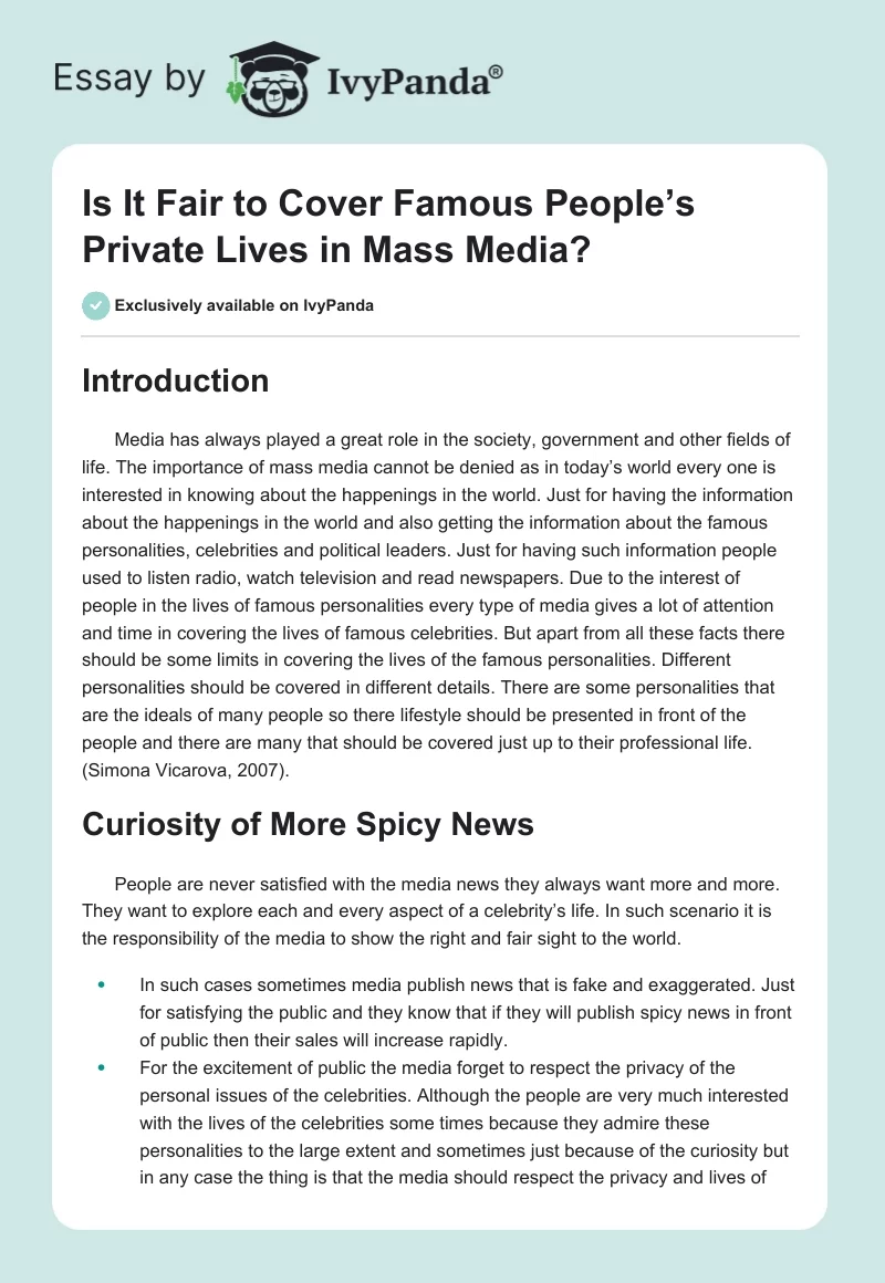 Is It Fair to Cover Famous People’s Private Lives in Mass Media?. Page 1