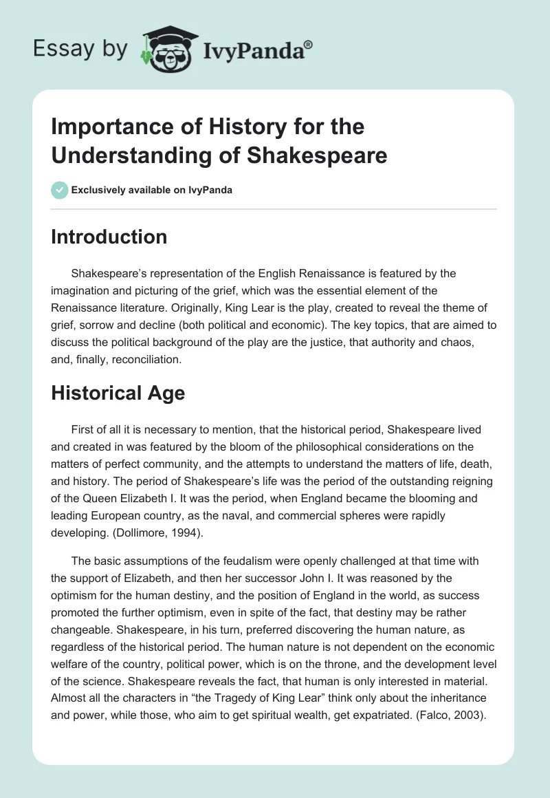 Importance of History for the Understanding of Shakespeare. Page 1