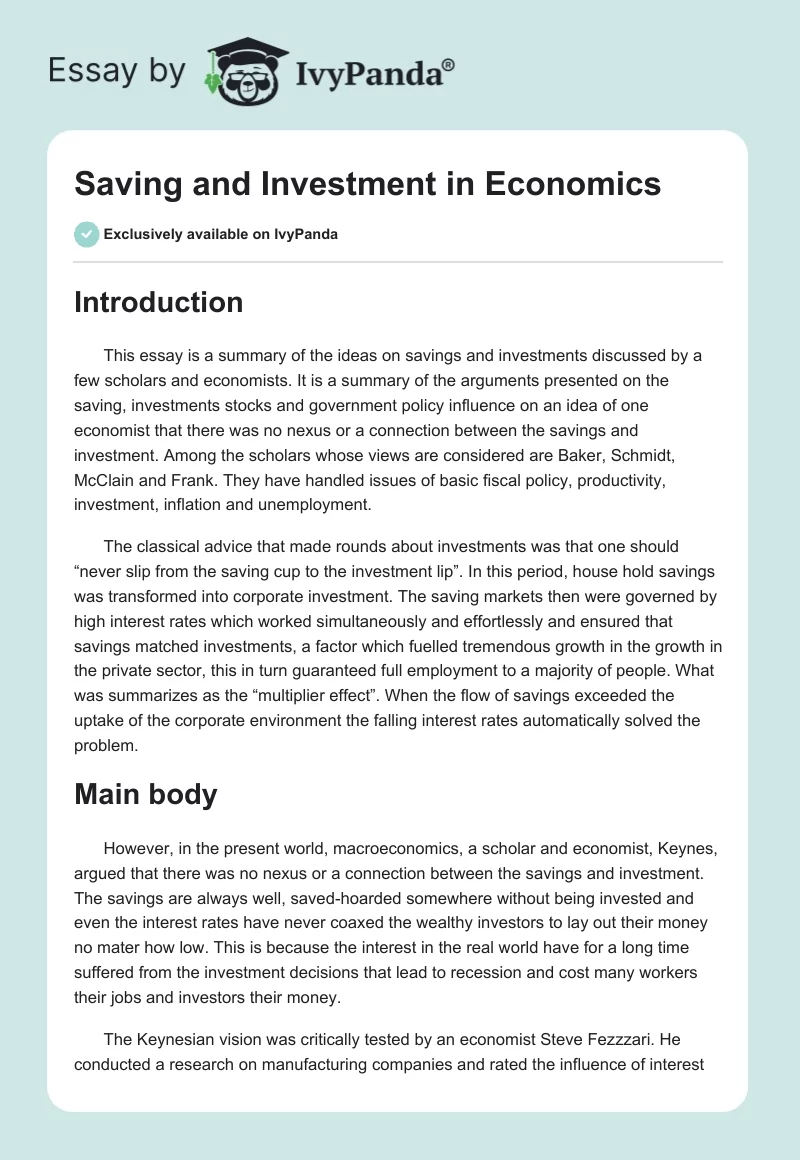 Saving and Investment in Economics. Page 1