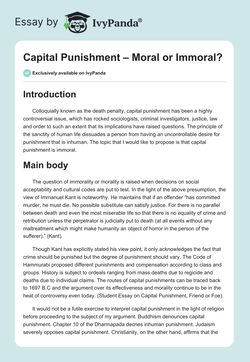 Capital Punishment – Moral or Immoral?. Page 1