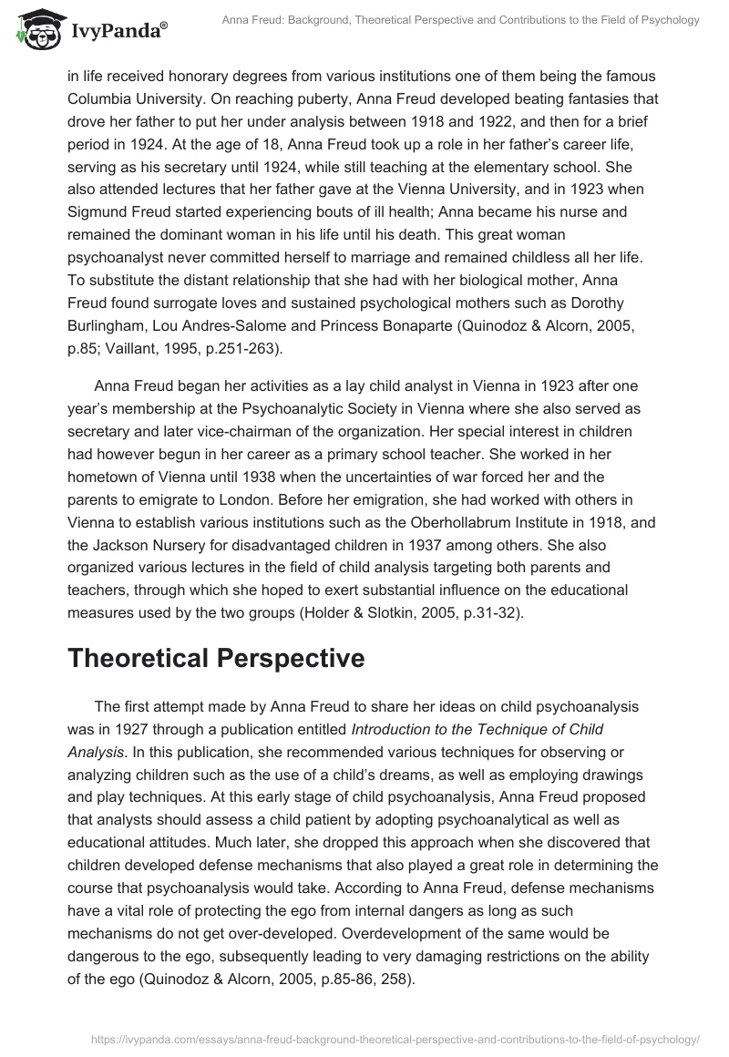 Anna Freud: Background, Theoretical Perspective and Contributions to the Field of Psychology. Page 2