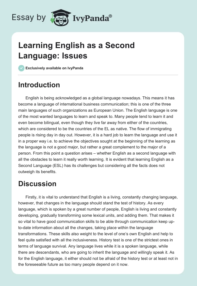Issues in Learning English as a Second Language. Page 1