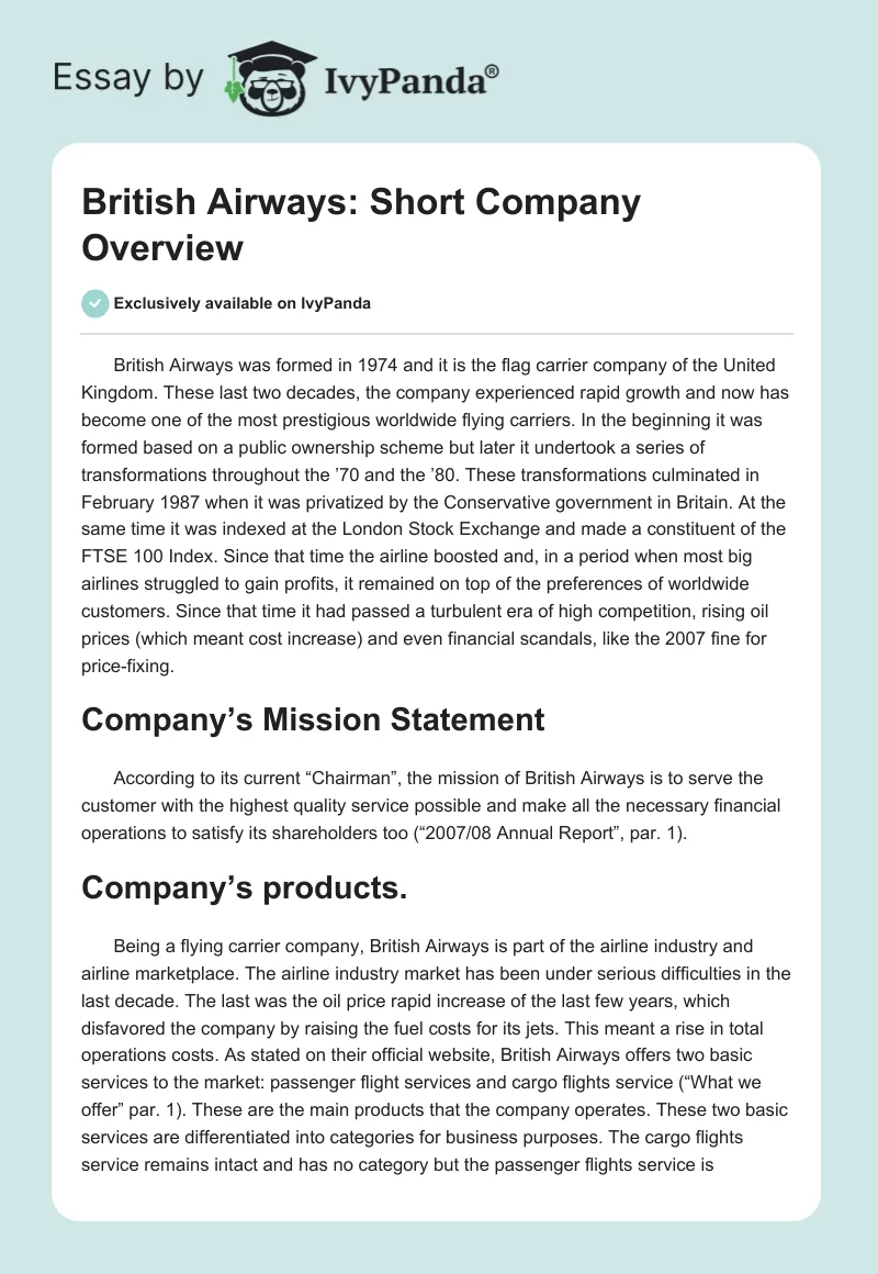 British Airways: Short Company Overview. Page 1