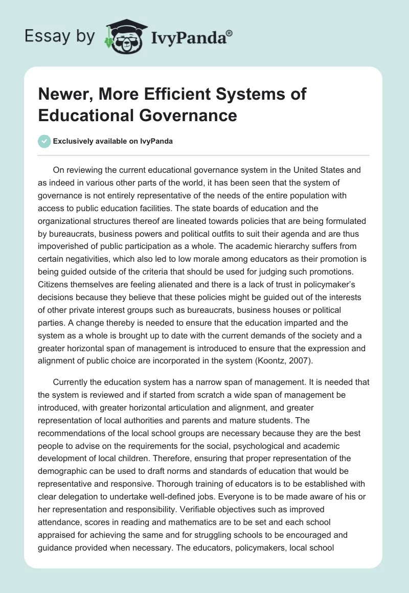 Newer, More Efficient Systems of Educational Governance. Page 1