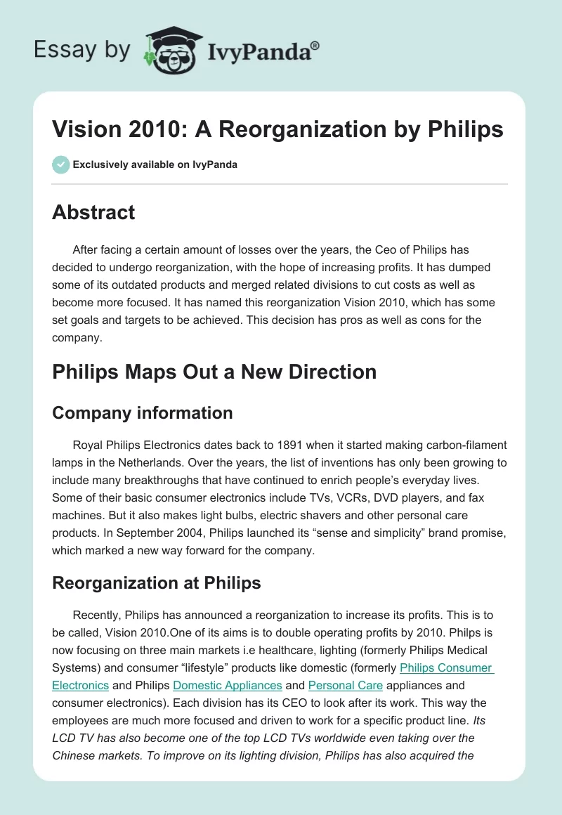 Vision 2010: A Reorganization by Philips. Page 1