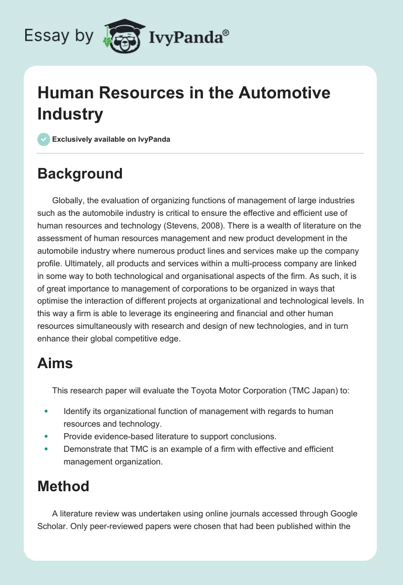 Human Resources in the Automotive Industry. Page 1