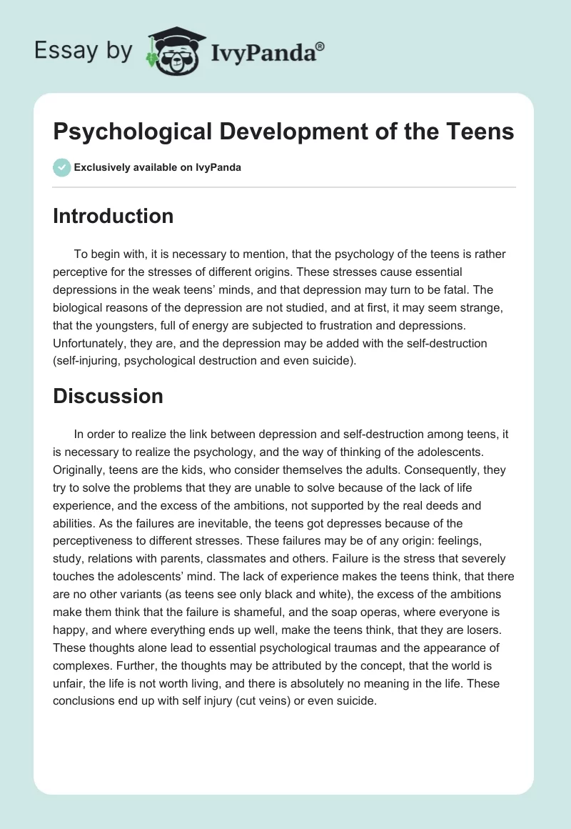 Psychological Development of the Teens. Page 1