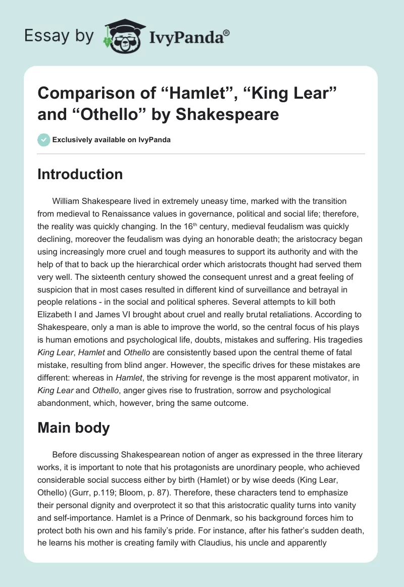 Comparison of “Hamlet”, “King Lear” and “Othello” by Shakespeare. Page 1