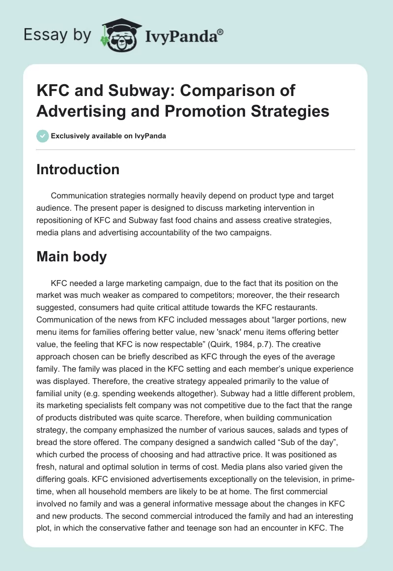 KFC and Subway: Comparison of Advertising and Promotion Strategies. Page 1