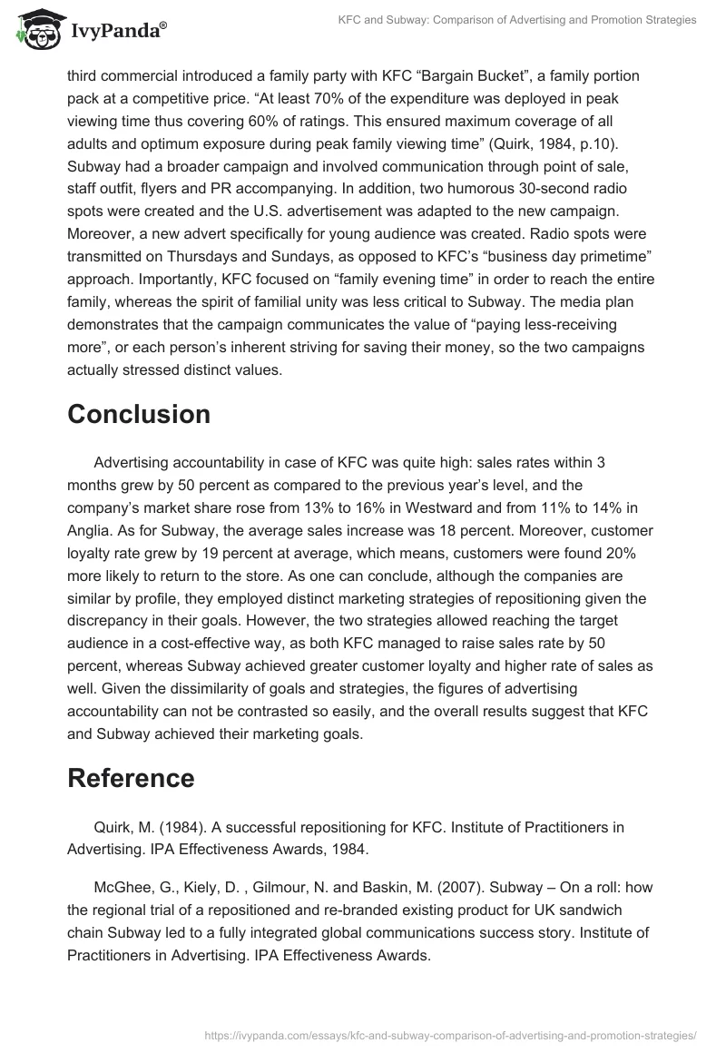 KFC and Subway: Comparison of Advertising and Promotion Strategies. Page 2
