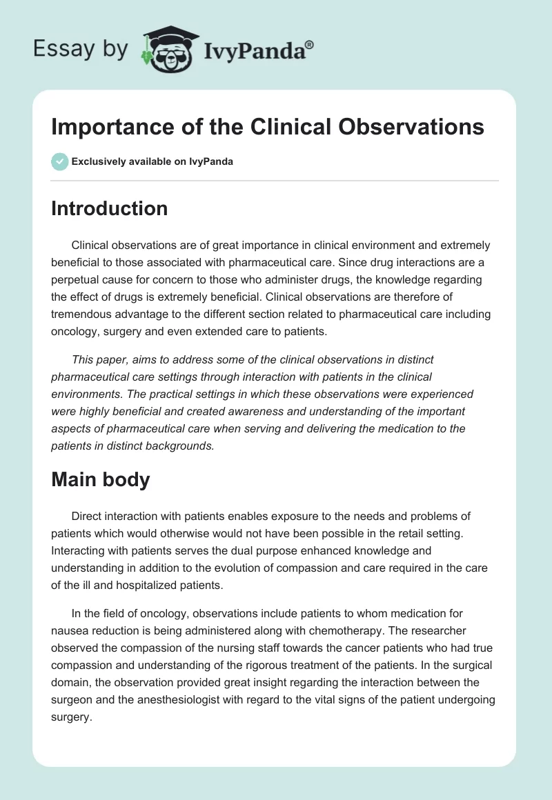 Importance of the Clinical Observations. Page 1