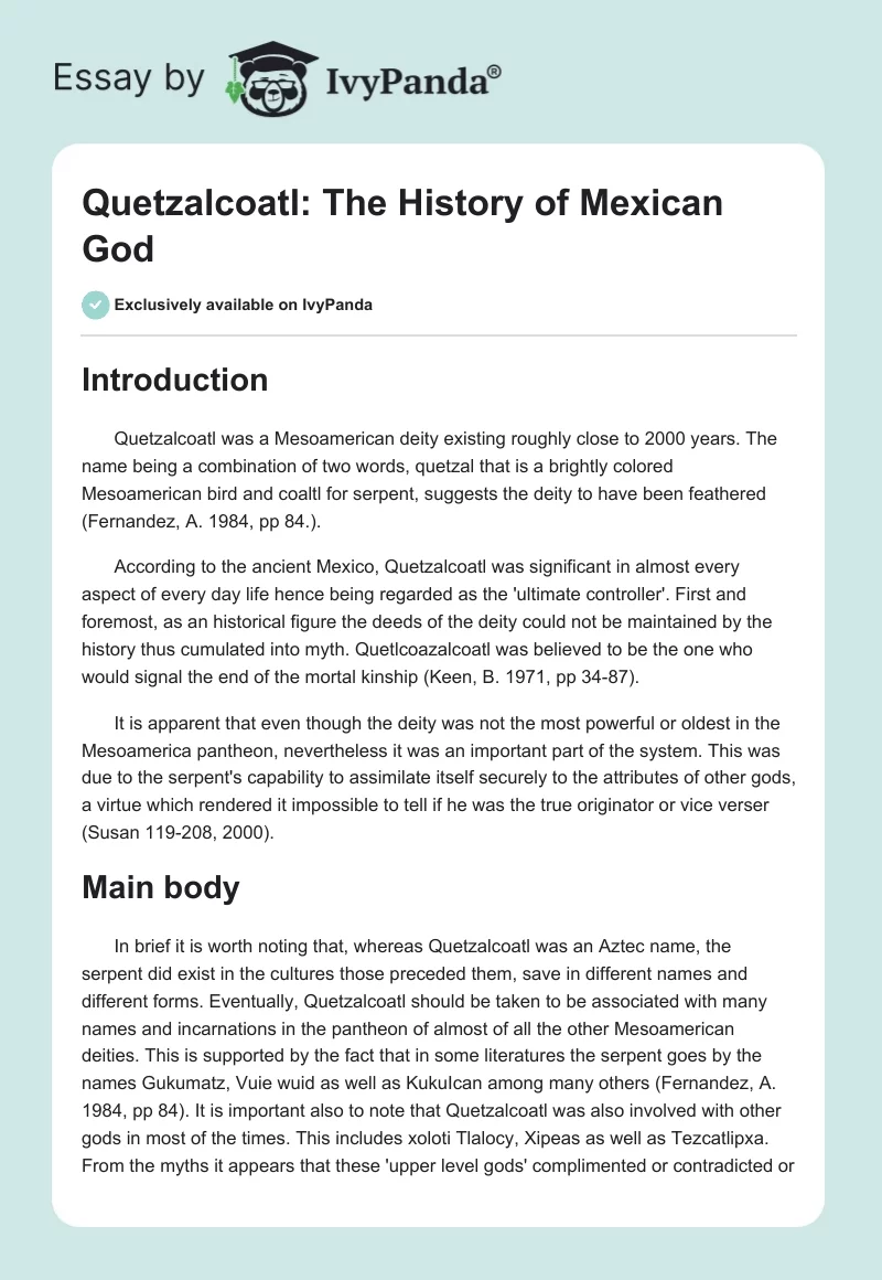 Quetzalcoatl: The History of Mexican God. Page 1