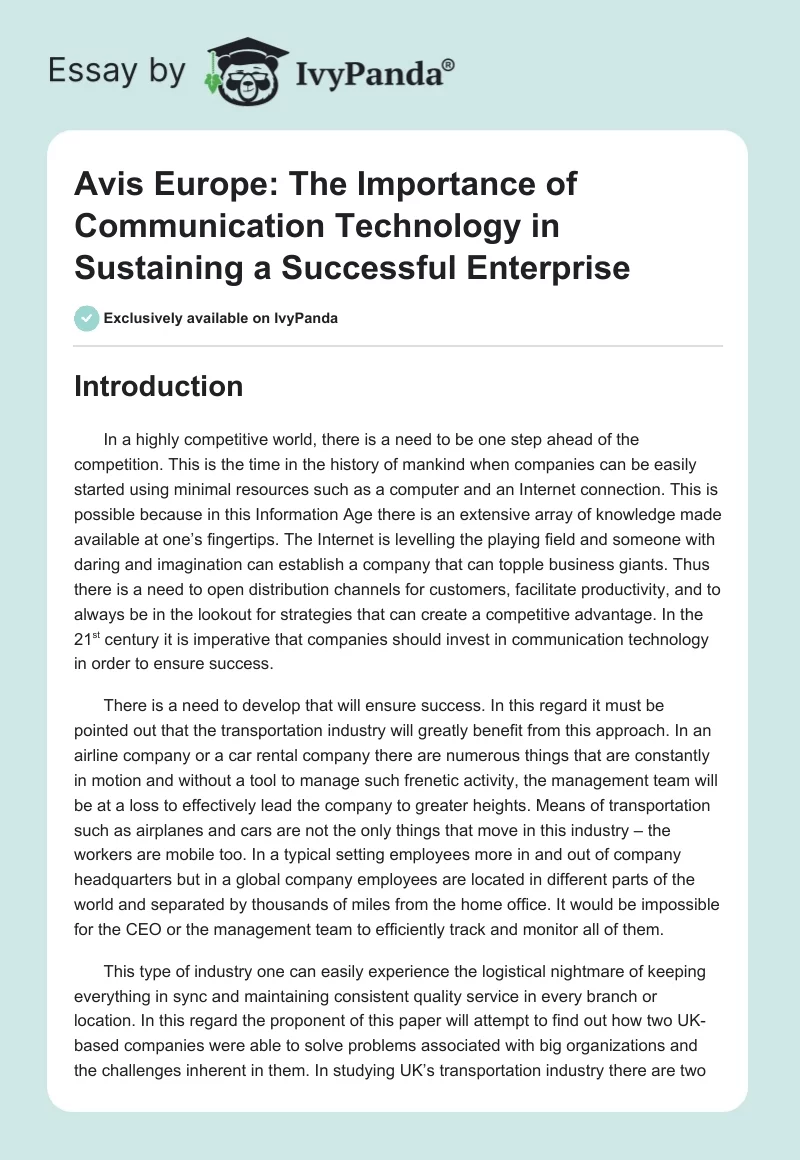 Avis Europe: The Importance of Communication Technology in Sustaining a Successful Enterprise. Page 1
