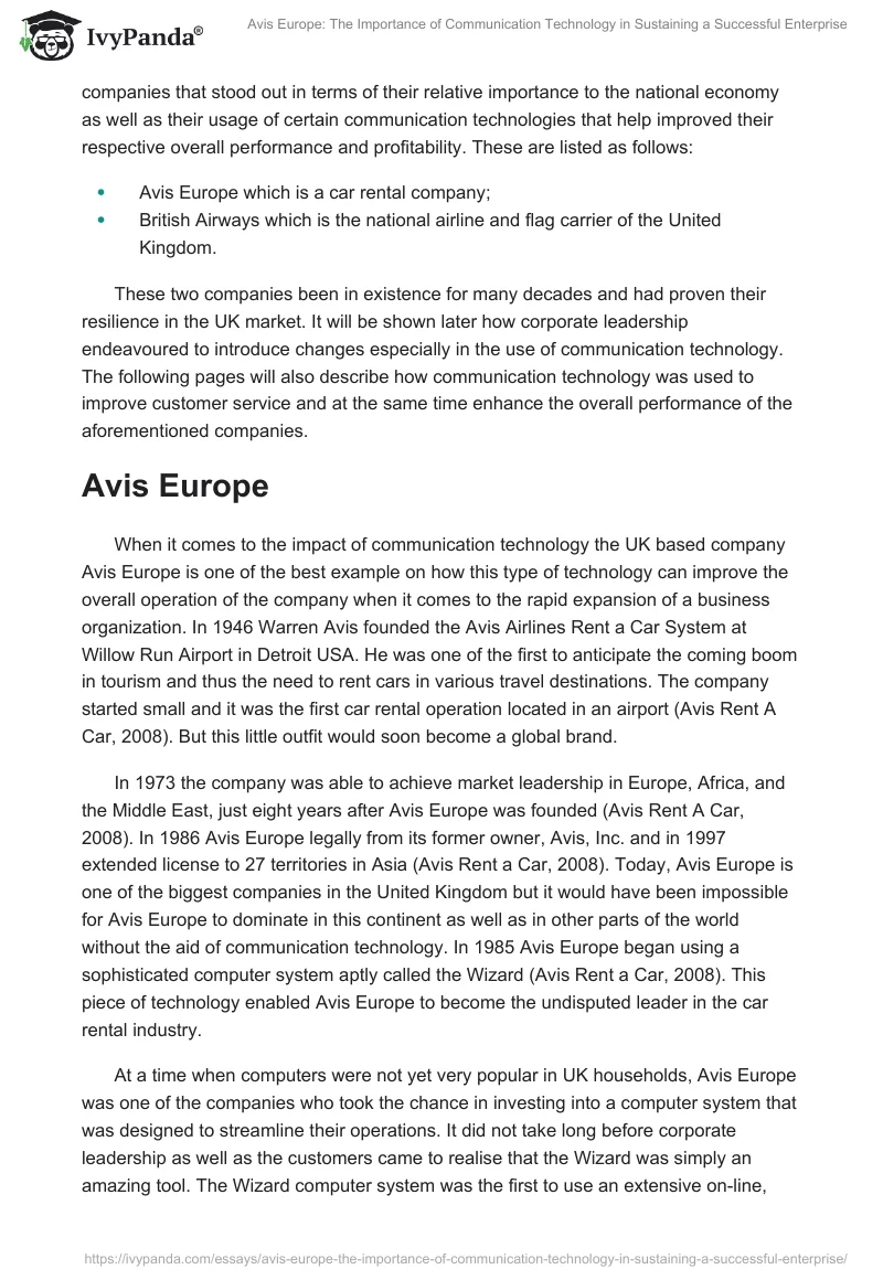 Avis Europe: The Importance of Communication Technology in Sustaining a Successful Enterprise. Page 2