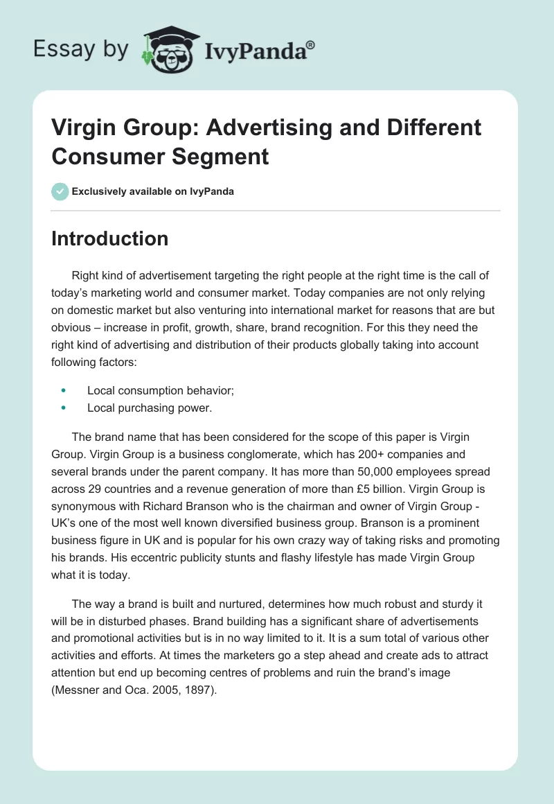 Virgin Group: Advertising and Different Consumer Segment. Page 1