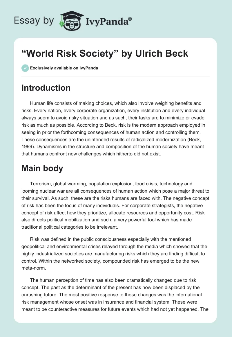 “World Risk Society” by Ulrich Beck. Page 1