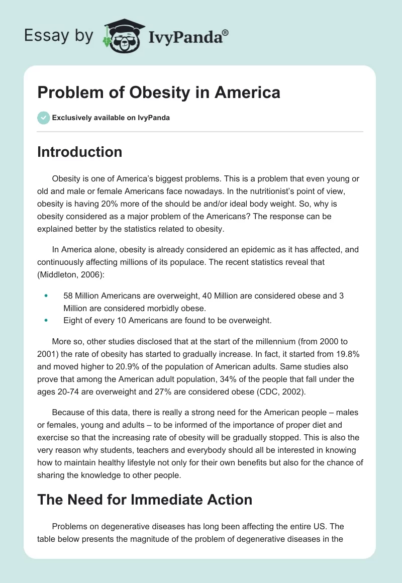 Problem of Obesity in America. Page 1