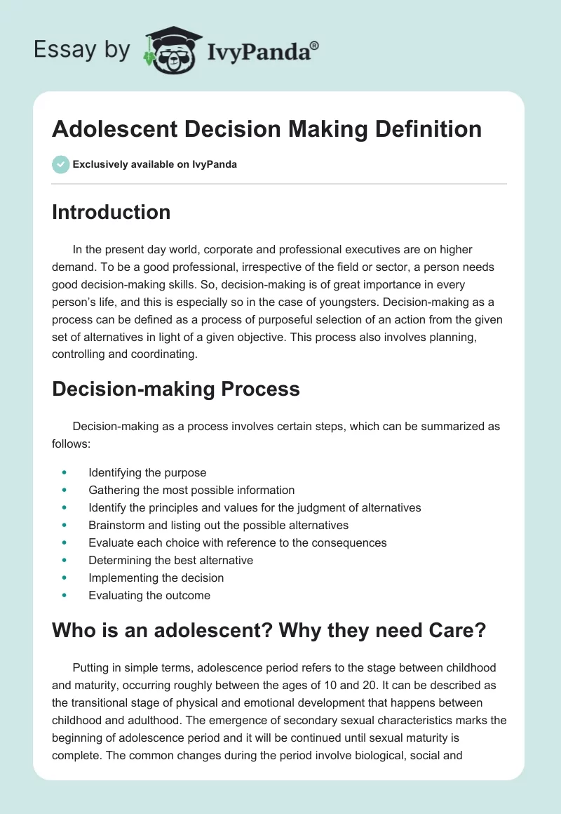 Adolescent Decision Making Definition. Page 1