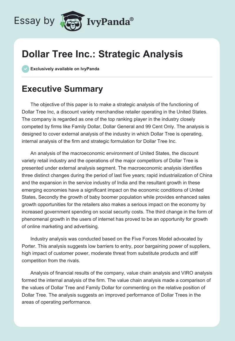 Dollar Tree Inc.: Strategic Analysis. Page 1