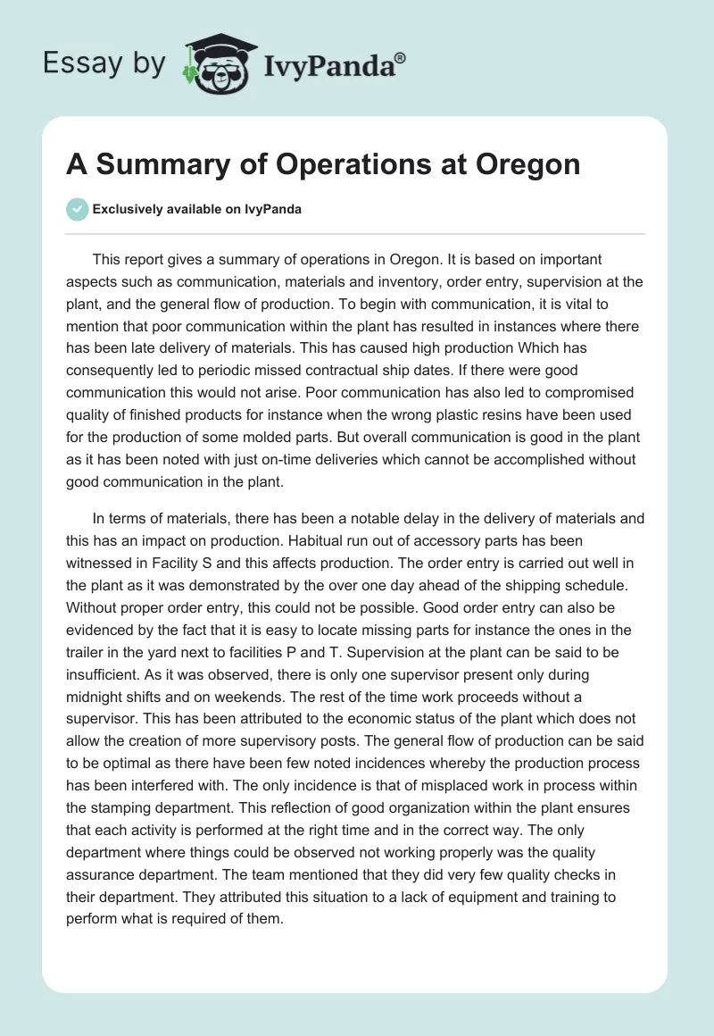 A Summary of Operations at Oregon. Page 1